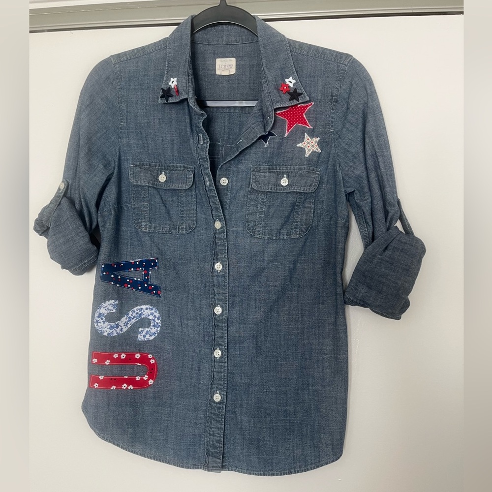 Upcycled Denim Shirt featuring Hand-Appliquéd USA Designs 🇺🇸
